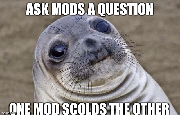 Awkward Moment Sealion | ASK MODS A QUESTION ONE MOD SCOLDS THE OTHER | image tagged in memes,awkward moment sealion | made w/ Imgflip meme maker