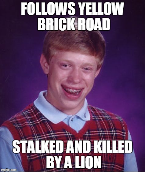 Bad Luck Brian Meme | FOLLOWS YELLOW BRICK ROAD STALKED AND KILLED BY A LION | image tagged in memes,bad luck brian | made w/ Imgflip meme maker