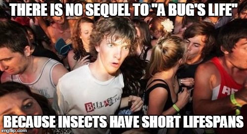 Sudden Clarity Clarence | THERE IS NO SEQUEL TO "A BUG'S LIFE" BECAUSE INSECTS HAVE SHORT LIFESPANS | image tagged in memes,sudden clarity clarence | made w/ Imgflip meme maker