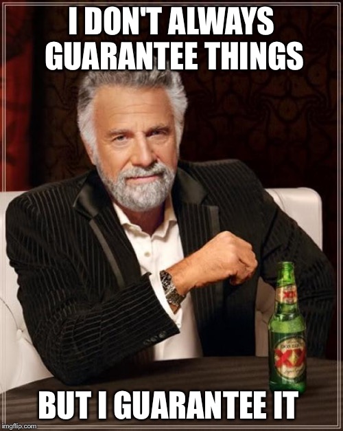 The Most Interesting Man In The World Meme | I DON'T ALWAYS GUARANTEE THINGS BUT I GUARANTEE IT | image tagged in memes,the most interesting man in the world | made w/ Imgflip meme maker