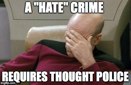 Captain Picard Facepalm | A "HATE" CRIME REQUIRES THOUGHT POLICE | image tagged in memes,captain picard facepalm | made w/ Imgflip meme maker
