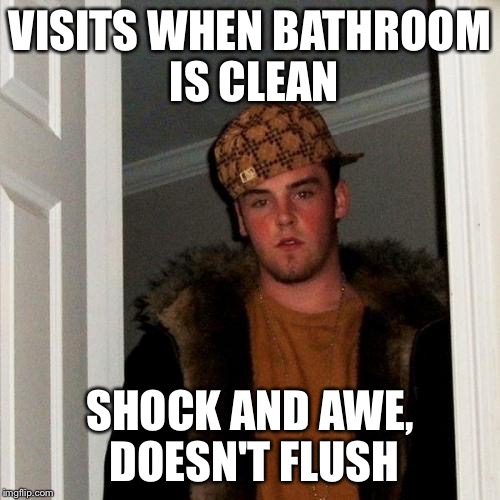 Scumbag Steve Meme | VISITS WHEN BATHROOM IS CLEAN SHOCK AND AWE, DOESN'T FLUSH | image tagged in memes,scumbag steve | made w/ Imgflip meme maker