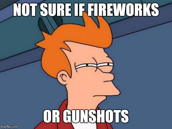 Futurama Fry Meme | NOT SURE IF FIREWORKS OR GUNSHOTS | image tagged in memes,futurama fry | made w/ Imgflip meme maker