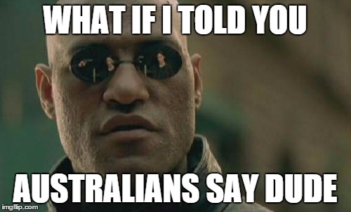 Matrix Morpheus Meme | WHAT IF I TOLD YOU AUSTRALIANS SAY DUDE | image tagged in memes,matrix morpheus | made w/ Imgflip meme maker