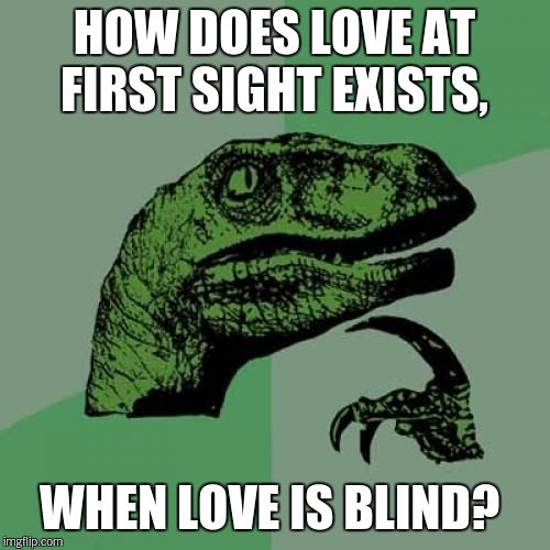 Love | HOW DOES LOVE AT FIRST SIGHT EXISTS, WHEN LOVE IS BLIND? | image tagged in memes,philosoraptor | made w/ Imgflip meme maker