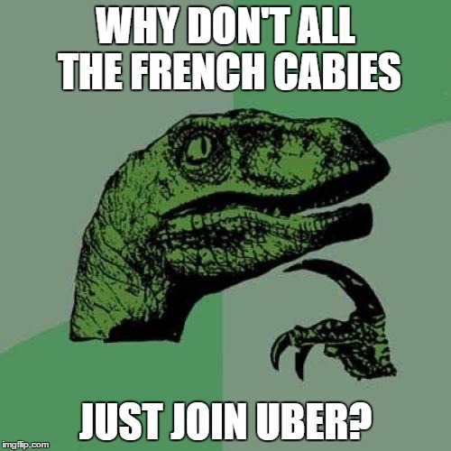 Philosoraptor | WHY DON'T ALL THE FRENCH CABIES JUST JOIN UBER? | image tagged in memes,philosoraptor,AdviceAnimals | made w/ Imgflip meme maker
