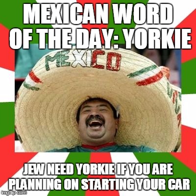 Mexican Word of the Day: Yorkie | MEXICAN WORD OF THE DAY: YORKIE JEW NEED YORKIE IF YOU ARE PLANNING ON STARTING YOUR CAR | image tagged in mexican,word,useless fact of the day,car,mexico | made w/ Imgflip meme maker