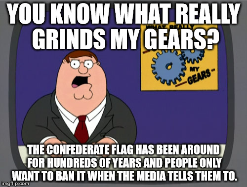 Peter Griffin News | YOU KNOW WHAT REALLY GRINDS MY GEARS? THE CONFEDERATE FLAG HAS BEEN AROUND FOR HUNDREDS OF YEARS AND PEOPLE ONLY WANT TO BAN IT WHEN THE MED | image tagged in memes,peter griffin news | made w/ Imgflip meme maker