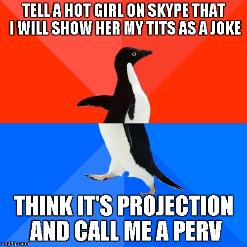 Socially Awesome Awkward Penguin | TELL A HOT GIRL ON SKYPE THAT I WILL SHOW HER MY TITS AS A JOKE THINK IT'S PROJECTION AND CALL ME A PERV | image tagged in memes,socially awesome awkward penguin | made w/ Imgflip meme maker