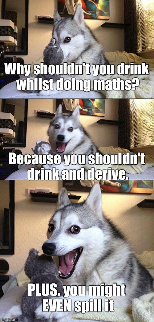Bad Pun Dog | Why shouldn't you drink whilst doing maths? Because you shouldn't drink and derive. PLUS. you might EVEN spill it | image tagged in memes,bad pun dog | made w/ Imgflip meme maker
