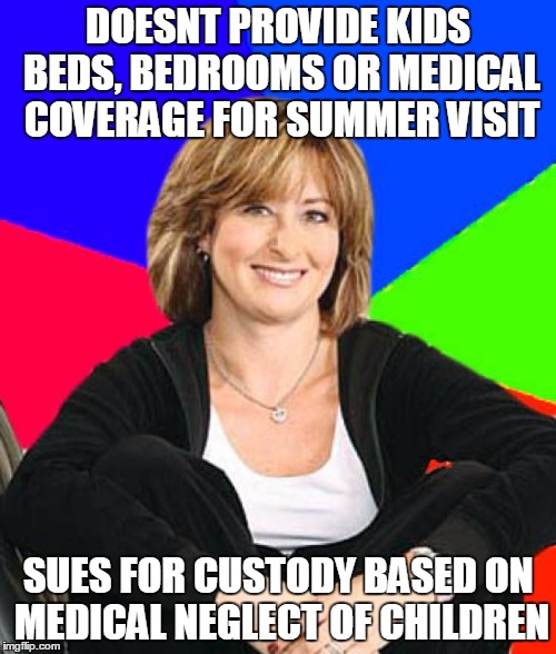 Sheltering Suburban Mom Meme | DOESNT PROVIDE KIDS BEDS, BEDROOMS OR MEDICAL COVERAGE FOR SUMMER VISIT SUES FOR CUSTODY BASED ON MEDICAL NEGLECT OF CHILDREN | image tagged in memes,sheltering suburban mom,AdviceAnimals | made w/ Imgflip meme maker