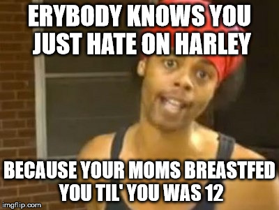 Hide Yo Kids Hide Yo Wife | ERYBODY KNOWS YOU JUST HATE ON HARLEY BECAUSE YOUR MOMS BREASTFED YOU TIL' YOU WAS 12 | image tagged in memes,hide yo kids hide yo wife | made w/ Imgflip meme maker