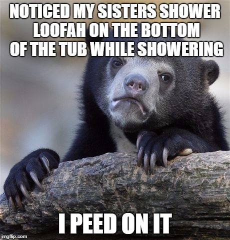 Confession Bear | NOTICED MY SISTERS SHOWER LOOFAH ON THE BOTTOM OF THE TUB WHILE SHOWERING I PEED ON IT | image tagged in memes,confession bear,AdviceAnimals | made w/ Imgflip meme maker