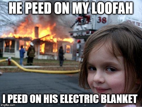 Disaster Girl Meme | HE PEED ON MY LOOFAH I PEED ON HIS ELECTRIC BLANKET | image tagged in memes,disaster girl | made w/ Imgflip meme maker