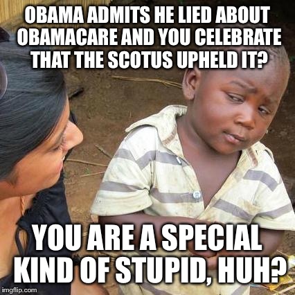 Third World Skeptical Kid | OBAMA ADMITS HE LIED ABOUT OBAMACARE AND YOU CELEBRATE THAT THE SCOTUS UPHELD IT? YOU ARE A SPECIAL KIND OF STUPID, HUH? | image tagged in memes,third world skeptical kid | made w/ Imgflip meme maker