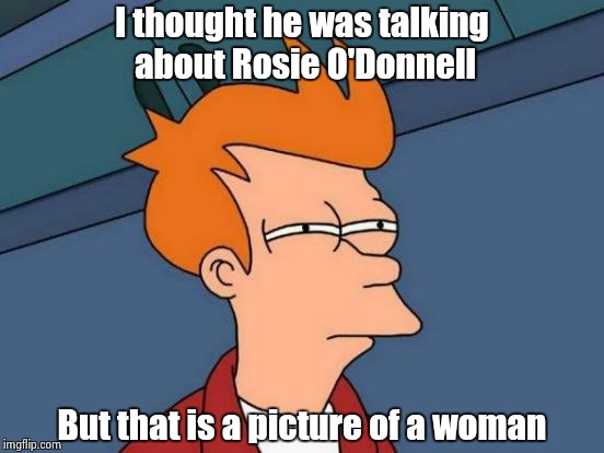Futurama Fry Meme | I thought he was talking about Rosie O'Donnell But that is a picture of a woman | image tagged in memes,futurama fry | made w/ Imgflip meme maker