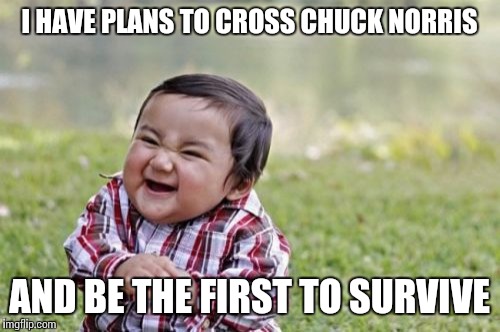 Evil Toddler Meme | I HAVE PLANS TO CROSS CHUCK NORRIS AND BE THE FIRST TO SURVIVE | image tagged in memes,evil toddler | made w/ Imgflip meme maker