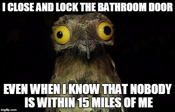 Weird Stuff I Do Potoo Meme | I CLOSE AND LOCK THE BATHROOM DOOR EVEN WHEN I KNOW THAT NOBODY IS WITHIN 15 MILES OF ME | image tagged in memes,weird stuff i do potoo | made w/ Imgflip meme maker
