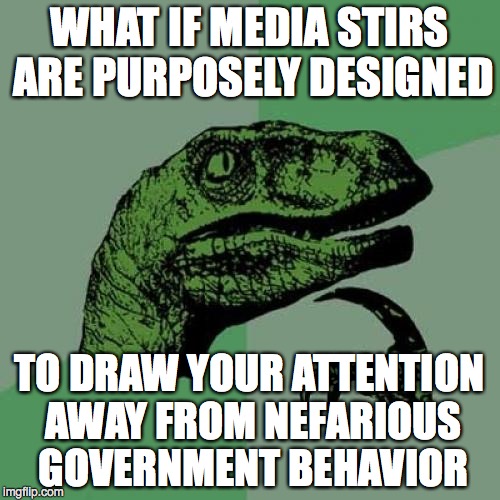Philosoraptor | WHAT IF MEDIA STIRS ARE PURPOSELY DESIGNED TO DRAW YOUR ATTENTION AWAY FROM NEFARIOUS GOVERNMENT BEHAVIOR | image tagged in memes,philosoraptor | made w/ Imgflip meme maker