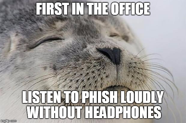 Satisfied Seal Meme | FIRST IN THE OFFICE LISTEN TO PHISH LOUDLY WITHOUT HEADPHONES | image tagged in memes,satisfied seal,phish | made w/ Imgflip meme maker