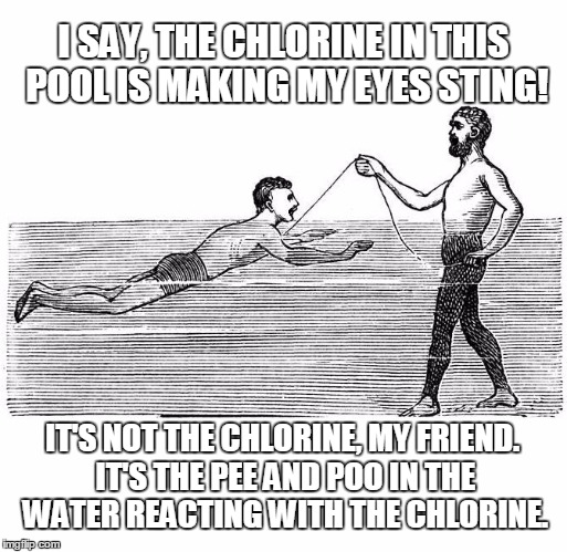 Grammar Lesson | I SAY, THE CHLORINE IN THIS POOL IS MAKING MY EYES STING! IT'S NOT THE CHLORINE, MY FRIEND. IT'S THE PEE AND POO IN THE WATER REACTING WITH  | image tagged in grammar lesson | made w/ Imgflip meme maker