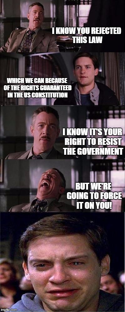 Peter Parker Cry | I KNOW YOU REJECTED THIS LAW WHICH WE CAN BECAUSE OF THE RIGHTS GUARANTEED IN THE US CONSTITUTION I KNOW IT'S YOUR RIGHT TO RESIST THE GOVER | image tagged in memes,peter parker cry | made w/ Imgflip meme maker