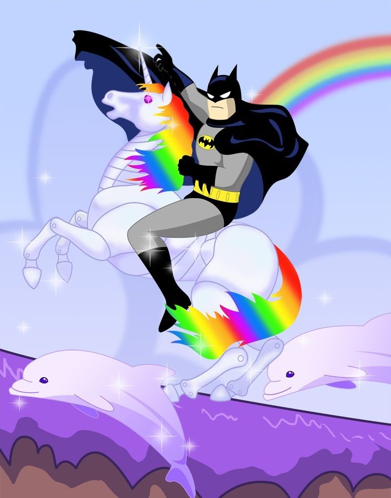 High Quality Batman Riding a Rainbow Unicorn Blank Meme Template