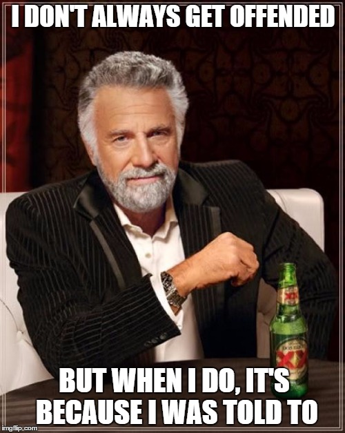 Stop this.... | I DON'T ALWAYS GET OFFENDED BUT WHEN I DO, IT'S BECAUSE I WAS TOLD TO | image tagged in memes,the most interesting man in the world | made w/ Imgflip meme maker