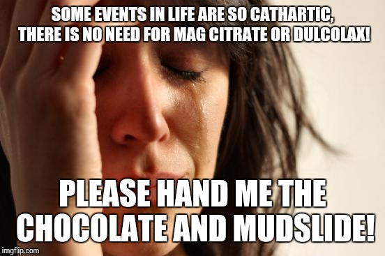 First World Problems | SOME EVENTS IN LIFE ARE SO CATHARTIC, THERE IS NO NEED FOR MAG CITRATE OR DULCOLAX! PLEASE HAND ME THE CHOCOLATE AND MUDSLIDE! | image tagged in memes,first world problems | made w/ Imgflip meme maker