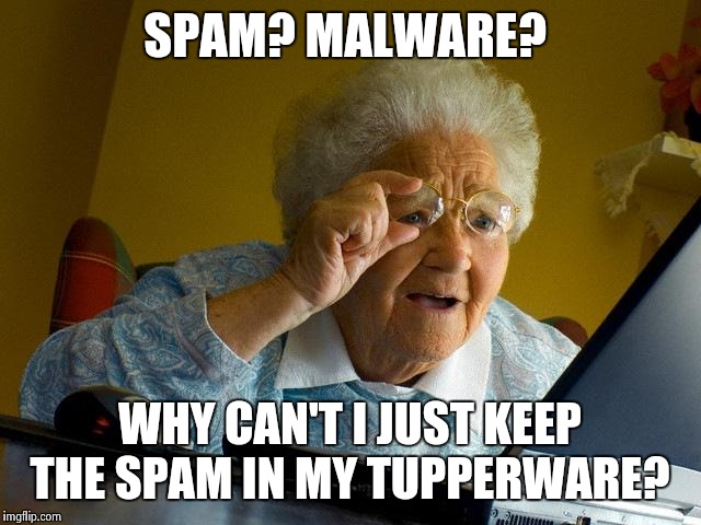 Grandma Finds The Internet Meme | SPAM? MALWARE? WHY CAN'T I JUST KEEP THE SPAM IN MY TUPPERWARE? | image tagged in memes,grandma finds the internet | made w/ Imgflip meme maker