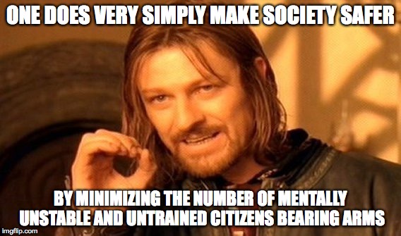 One Does Not Simply Meme | ONE DOES VERY SIMPLY MAKE SOCIETY SAFER BY MINIMIZING THE NUMBER OF MENTALLY UNSTABLE AND UNTRAINED CITIZENS BEARING ARMS | image tagged in memes,one does not simply | made w/ Imgflip meme maker