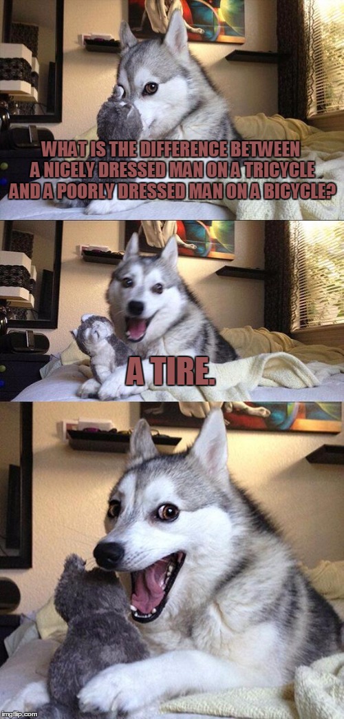 Bad Pun Dog | WHAT IS THE DIFFERENCE BETWEEN A NICELY DRESSED MAN ON A TRICYCLE AND A POORLY DRESSED MAN ON A BICYCLE? A TIRE. | image tagged in memes,bad pun dog | made w/ Imgflip meme maker