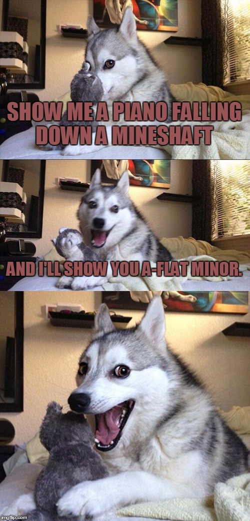 Bad Pun Dog Meme | SHOW ME A PIANO FALLING DOWN A MINESHAFT AND I'LL SHOW YOU A-FLAT MINOR. | image tagged in memes,bad pun dog | made w/ Imgflip meme maker