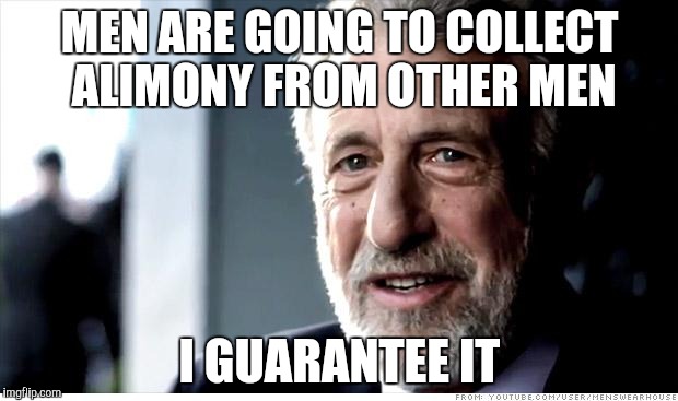 Gonna laugh my jizznoids off! | MEN ARE GOING TO COLLECT ALIMONY FROM OTHER MEN I GUARANTEE IT | image tagged in memes,i guarantee it | made w/ Imgflip meme maker