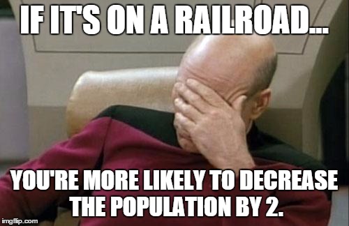 Captain Picard Facepalm Meme | IF IT'S ON A RAILROAD... YOU'RE MORE LIKELY TO DECREASE THE POPULATION BY 2. | image tagged in memes,captain picard facepalm | made w/ Imgflip meme maker