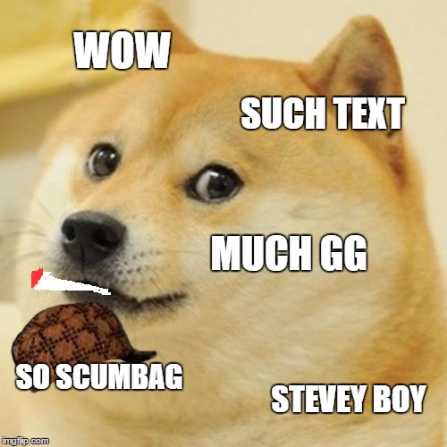 Doge has done some weed. 0_0 | WOW SUCH TEXT MUCH GG SO SCUMBAG STEVEY BOY | image tagged in memes,doge,scumbag | made w/ Imgflip meme maker