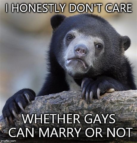 Confession Bear | I HONESTLY DON'T CARE WHETHER GAYS CAN MARRY OR NOT | image tagged in memes,confession bear | made w/ Imgflip meme maker