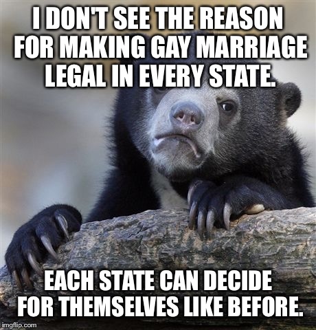 Confession Bear | I DON'T SEE THE REASON FOR MAKING GAY MARRIAGE LEGAL IN EVERY STATE. EACH STATE CAN DECIDE FOR THEMSELVES LIKE BEFORE. | image tagged in memes,confession bear | made w/ Imgflip meme maker