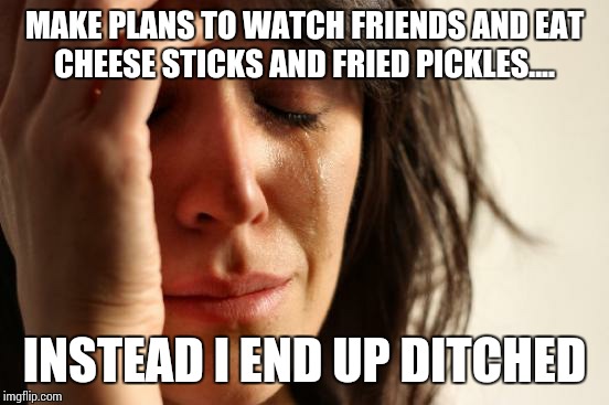 First World Problems Meme | MAKE PLANS TO WATCH FRIENDS AND EAT CHEESE STICKS AND FRIED PICKLES.... INSTEAD I END UP DITCHED | image tagged in memes,first world problems | made w/ Imgflip meme maker