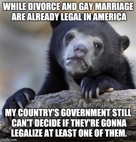 Seriously, I'm not kidding. | WHILE DIVORCE AND GAY MARRIAGE ARE ALREADY LEGAL IN AMERICA MY COUNTRY'S GOVERNMENT STILL CAN'T DECIDE IF THEY'RE GONNA LEGALIZE AT LEAST ON | image tagged in memes,confession bear | made w/ Imgflip meme maker