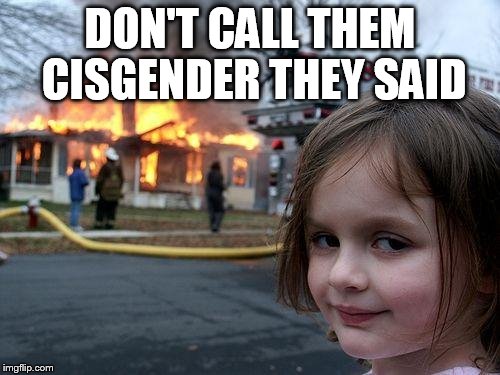 Disaster Girl Meme | DON'T CALL THEM CISGENDER THEY SAID | image tagged in memes,disaster girl,traaaaaaannnnnnnnnns | made w/ Imgflip meme maker