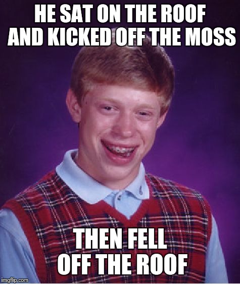 Bad Luck Brian Meme | HE SAT ON THE ROOF AND KICKED OFF THE MOSS THEN FELL OFF THE ROOF | image tagged in memes,bad luck brian | made w/ Imgflip meme maker