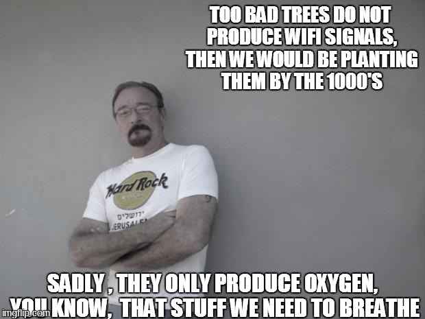 TOO BAD TREES DO NOT PRODUCE WIFI SIGNALS, THEN WE WOULD BE PLANTING THEM BY THE 1000'S SADLY , THEY ONLY PRODUCE OXYGEN, YOU KNOW,  THAT ST | image tagged in cleanair,wifi,plant trees,handsome guy,lucky american | made w/ Imgflip meme maker