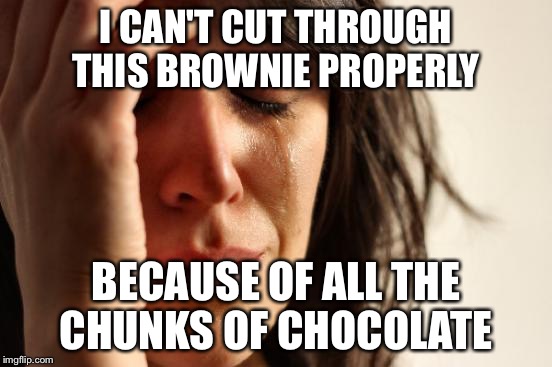 First World Problems | I CAN'T CUT THROUGH THIS BROWNIE PROPERLY BECAUSE OF ALL THE CHUNKS OF CHOCOLATE | image tagged in memes,first world problems | made w/ Imgflip meme maker
