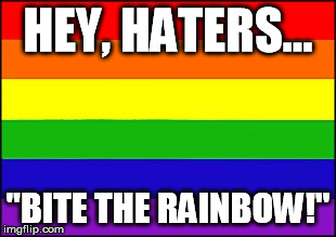 HEY, HATERS... "BITE THE RAINBOW!" | image tagged in gay marriage,gay pride,gay | made w/ Imgflip meme maker