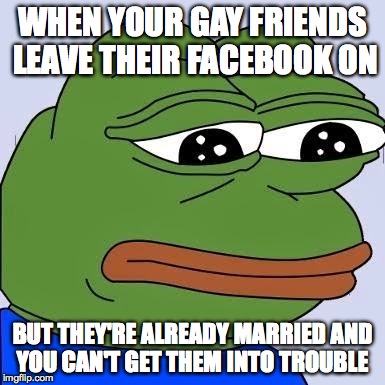 pepe | WHEN YOUR GAY FRIENDS LEAVE THEIR FACEBOOK ON BUT THEY'RE ALREADY MARRIED AND YOU CAN'T GET THEM INTO TROUBLE | image tagged in pepe | made w/ Imgflip meme maker