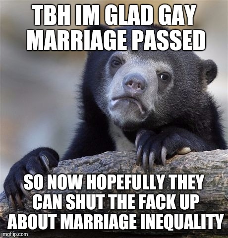 Confession Bear Meme | TBH IM GLAD GAY MARRIAGE PASSED SO NOW HOPEFULLY THEY CAN SHUT THE FACK UP ABOUT MARRIAGE INEQUALITY | image tagged in memes,confession bear | made w/ Imgflip meme maker