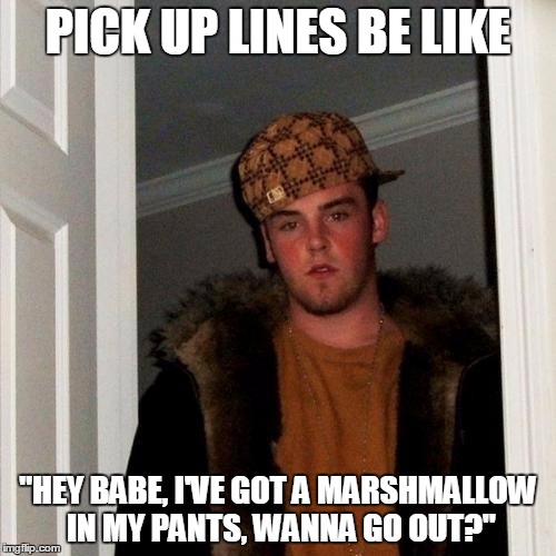 Scumbag Steve Meme | PICK UP LINES BE LIKE "HEY BABE, I'VE GOT A MARSHMALLOW IN MY PANTS, WANNA GO OUT?" | image tagged in memes,scumbag steve | made w/ Imgflip meme maker