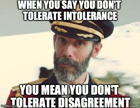 Captain Obvious | WHEN YOU SAY YOU DON'T TOLERATE INTOLERANCE YOU MEAN YOU DON'T TOLERATE DISAGREEMENT | image tagged in captain obvious | made w/ Imgflip meme maker