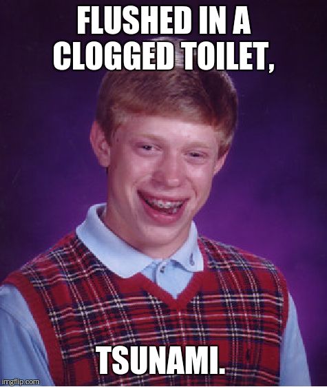 Bad Luck Brian Meme | FLUSHED IN A CLOGGED TOILET, TSUNAMI. | image tagged in memes,bad luck brian | made w/ Imgflip meme maker